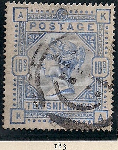 1883 GB - SG183 10/- Ultramarine (Corner Letters "AK") GU